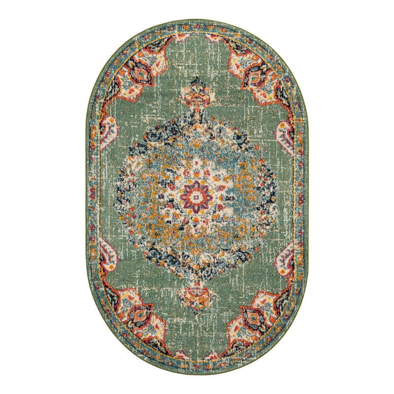 Galyean Abstract Green/Orange Area Rug, Oval 5'3" x 8'