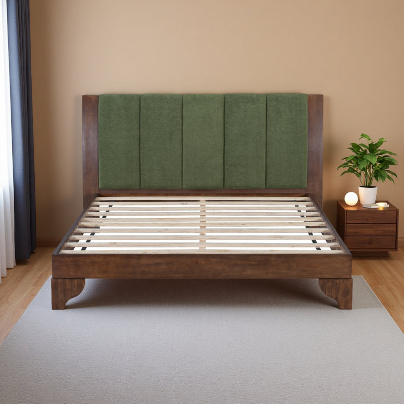 Cadre de lit en bois de pin de qualité supérieure, cadre de lit avec tête de lit inclus, lit Mid-Century moderne, Noyer
