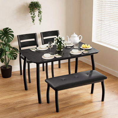 Ensemble de table de salle à manger pour 4 personnes, table de cuisine en bois robuste avec chanfrein et pieds en métal, banc rembourré et 2 chaises de salle à manger classiques, ensemble de cuisine et de salle à manger pour la maison, la fête, un appartement