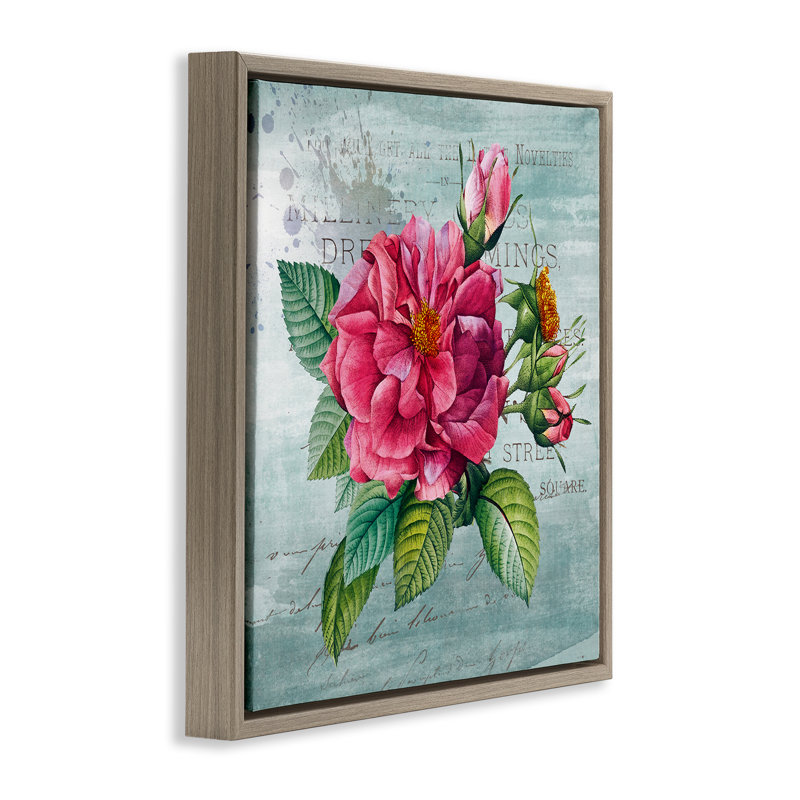 Fleur de jardin rose sur cadre flottant rustique, design par Susan Arnot, H 18 po x l 18 po, Cadre flottant orme Montalcino
