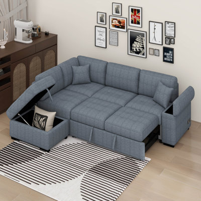 Canapé-lit d'angle en L avec repose-pieds avec rangement et accoudoirs dissimulés compatible avec charge USB