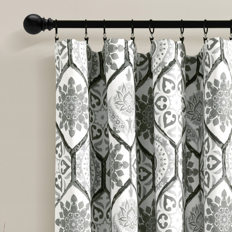 Gray Suzani Pattern Light Filtering Polyester Window Panels