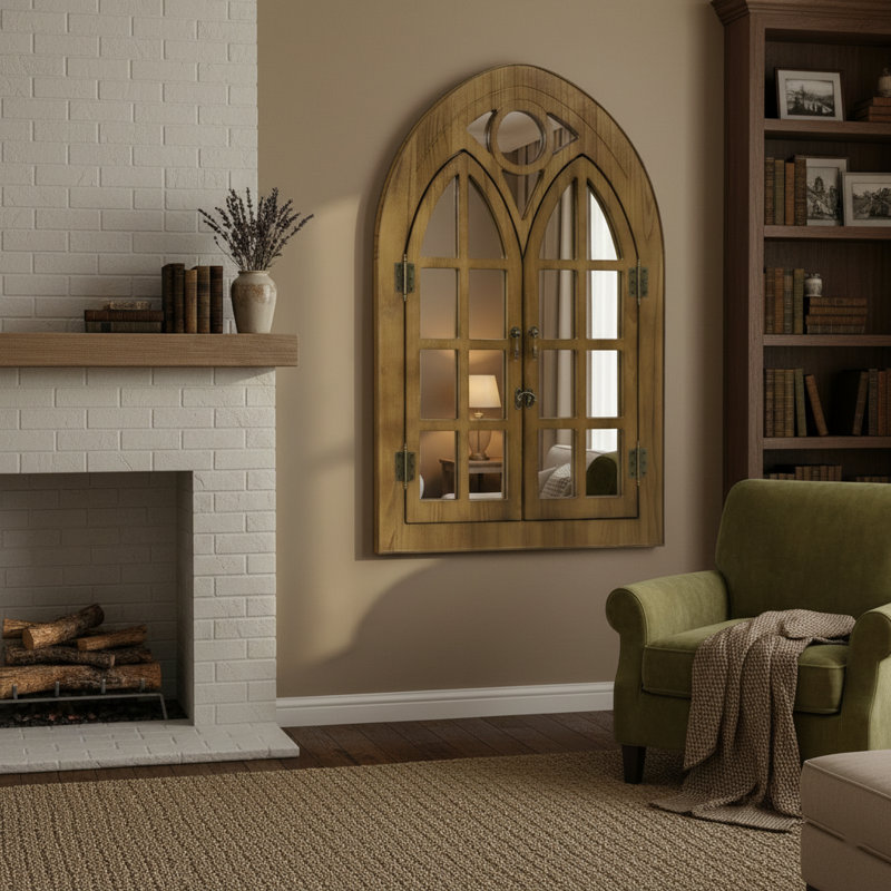 Vintage Arched Wall Mirror With Openable Shutters, Decorative Accent Mirror For Home, 30"H x 20"W, Brown