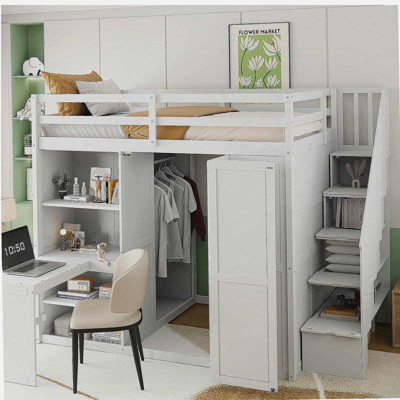 Lit mezzanine double avec garde-robe, bureau et tablettes, blanc (OLD: LT100679AAK)