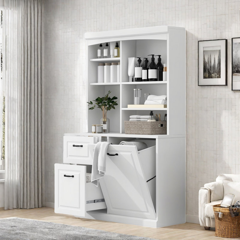 Armoire de rangement de salle de bain 39,30 po avec panier inclinable, grand organisateur autoportant de 70,9 po de hauteur avec tiroirs et tablettes réglables, tour à linge en panneau de fibres à densité moyenne avec poignées en acier