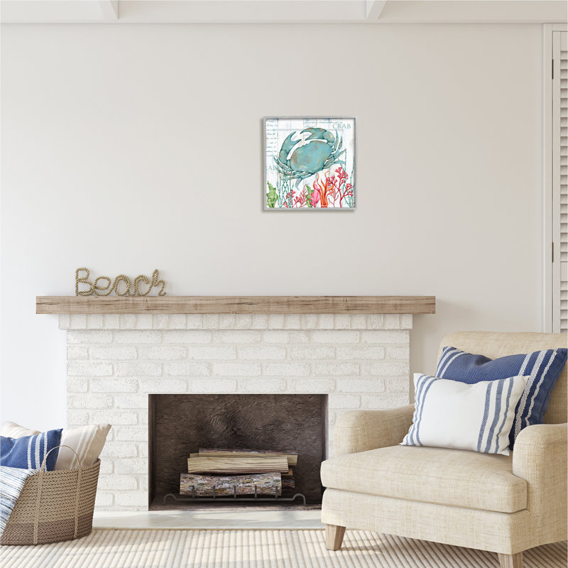 Crabe rustique et corail encadré sur bois par Emma Leach, impression, H 17 po x l 17 po x P 1,5 po