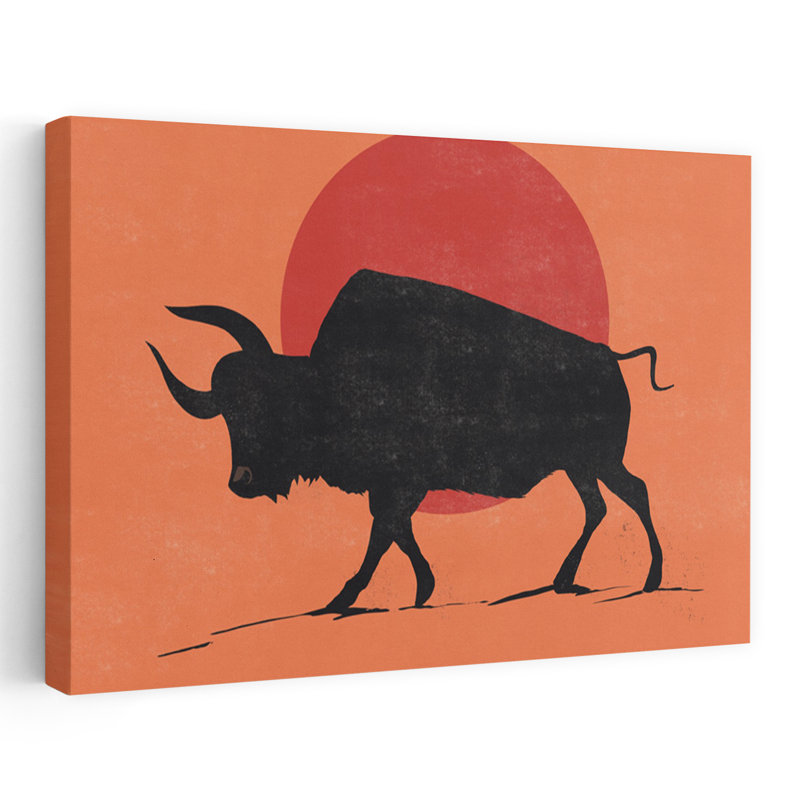 «Black Bull Sunset», impression abstraite minimaliste audacieuse, bison bull, paysage, nature, 16" H x 24" W