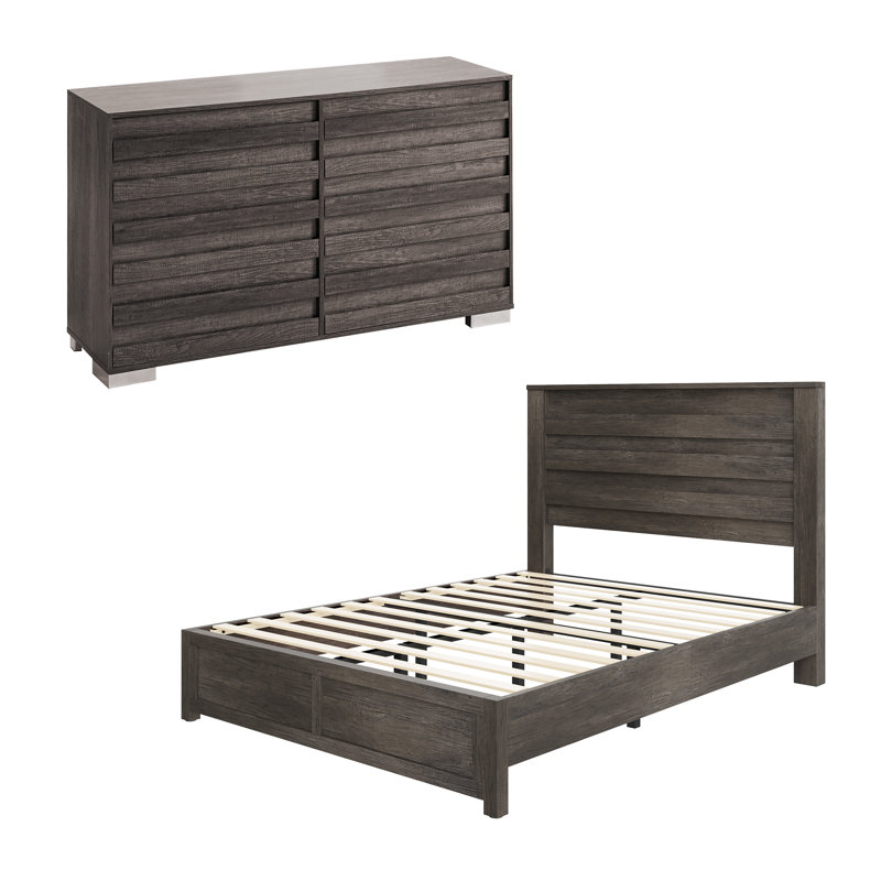  Ensemble de chambre à coucher double, lit plateforme et commode 6 tiroirs Farmhouse, gris, Double