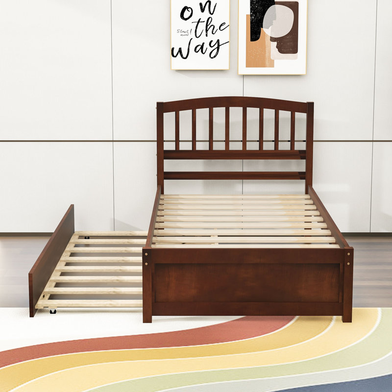 Twin Size Platform Bed with Trundle and Headboard, Walnut