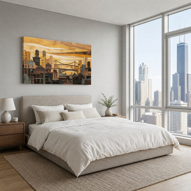 Tableau sur toile représentant un paysage urbain en bois superposé avec des ponts, 58“W x 28”H