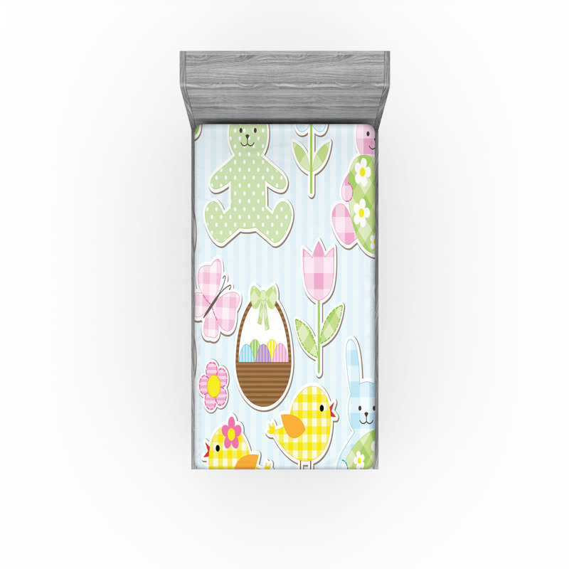 Drap-housse Ambesonne, paquet de 2, Bleu ciel / jaune / rose rayé / pois / guingan, Drap-housse de taille simple