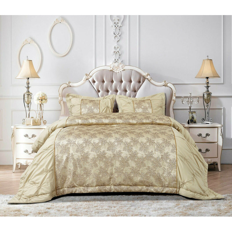 Maya Jacquard Duvet Cover Set Soft Microfiber Bedding with Pillowcases, Hypoallergenic & Luxurious, Gold