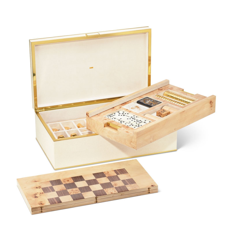 Shagreen Cream/Brass 3 in 1 - Chess, Checkers, and Backgammon Set Board Game