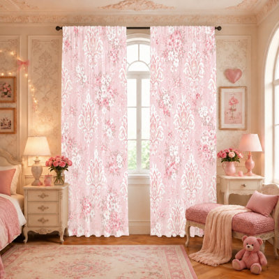 2Pcs Vintage Damask Floral Curtains, Light Filtering Fabric, Romantic Pink Aesthetic Pattern, Window Drapes for Bedroom, Living Room, Nursery Home Decor