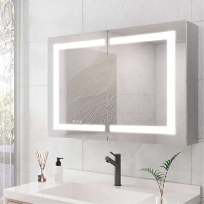 Armoire à pharmacie de salle de bain avec lumières et miroir, fixation murale 36 po x 24 po, à intensité variable, double porte, argent, design américain avec température de couleur à DEL réglable 36 po x 24 po, brouillard, 2 tablettes, 3 tiroirs