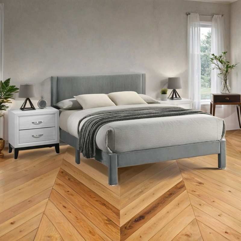 Lit plateforme gris avec tête de lit tapissier - texture nervurée, structure à profil bas - mobilier de chambre à coucher moderne pour jeunes