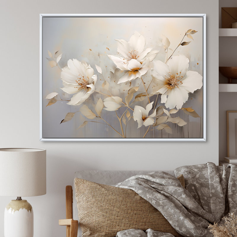 «Beige Seasonal Flowers Simplicity» sur impression sur toile, Cadre flottant blanc, 16" H x 32" W