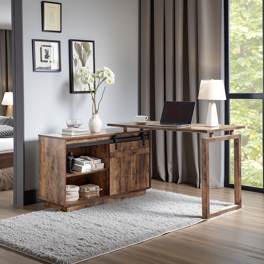 Gracie Oaks Distressed Wood L-shaped Desk Workstation – Home Office ...