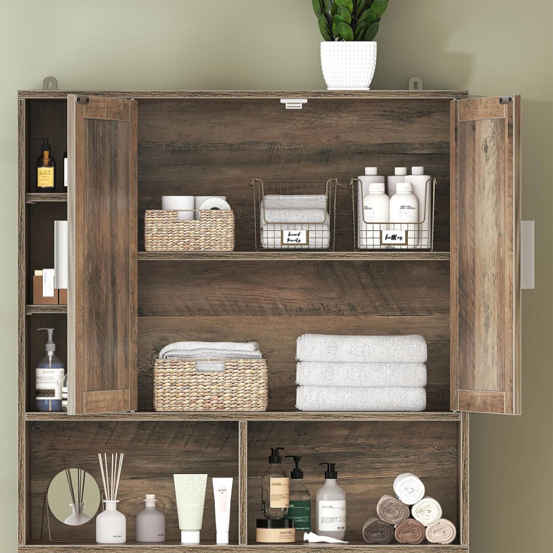 Armoire de rangement Farmhouse au-dessus de la toilette avec 2 portes de grange et 10 tablettes de rangement, Gris rustique