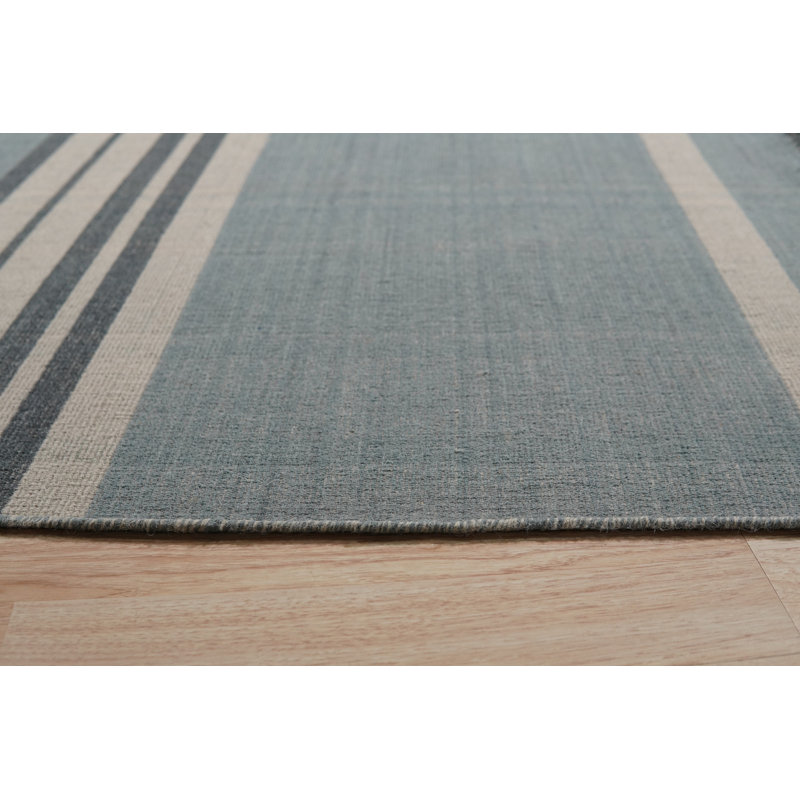 Bazil Blue Flatweave Wool Contemporary Plaid Hand-Knotted Area Rug, Rectangle 6' x 9'