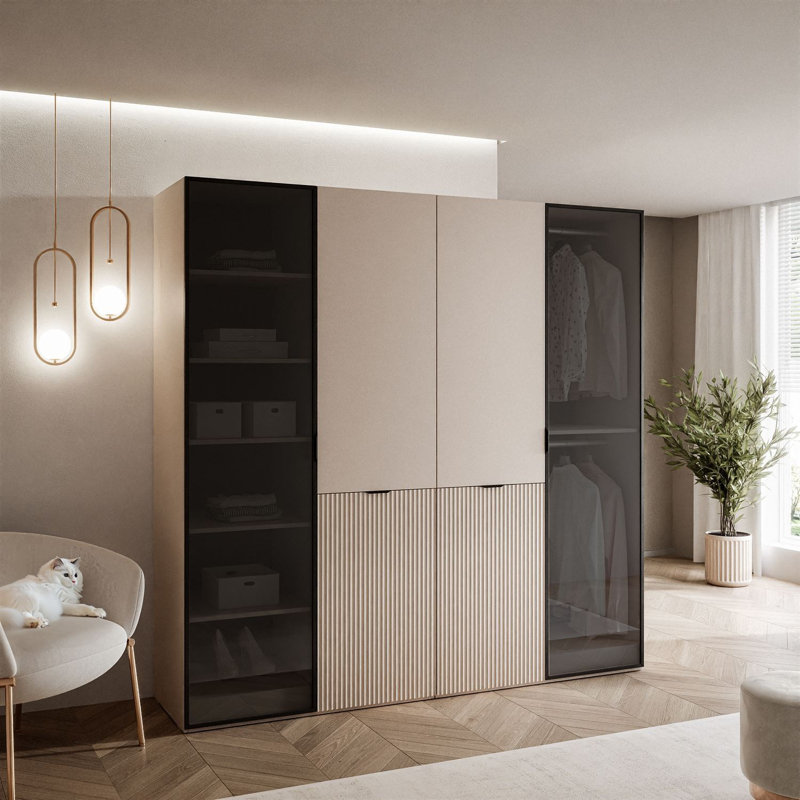 Manufactured Wood Wardrobe, Sandy Beige/Black Glass