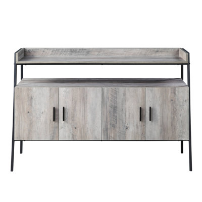 Meuble télé 52 po en chêne gris et noir, cadre en métal, 4 portes de rangement avec design, 1 compartiment ouvert, pouvant accueillir 50 à 59 présentoirs dans les salons de rangement, s'adapte aux espaces de télévision