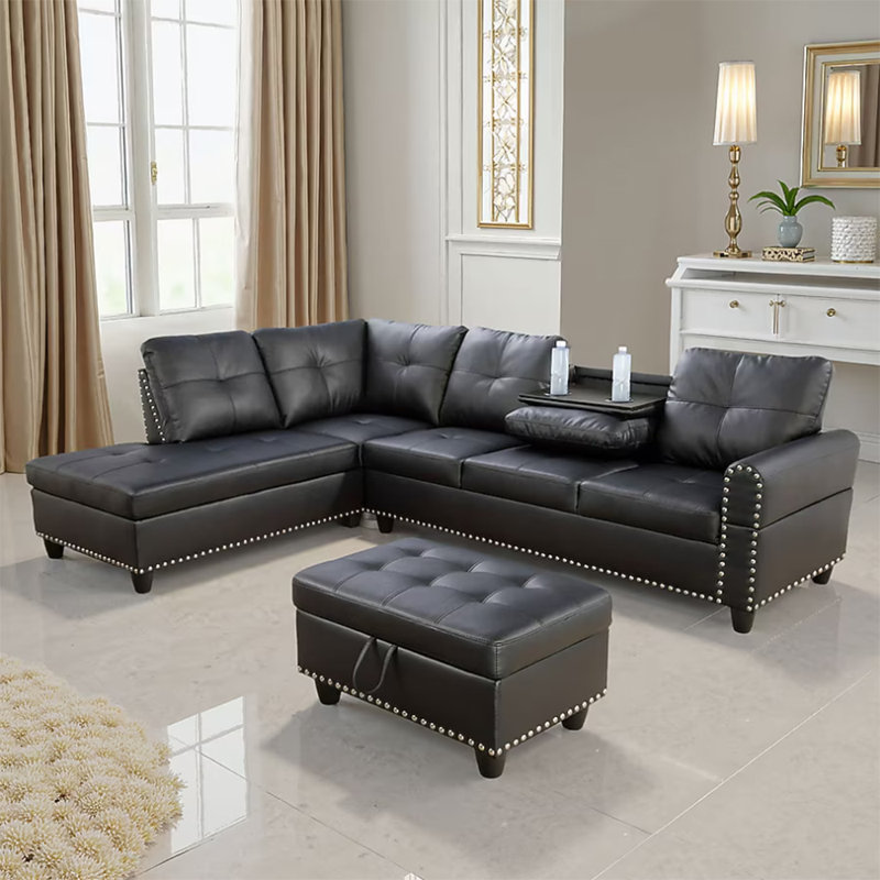 3-piece Faux Leather L-shape Leather Sectional Sofa, Black White Faux Leather, Left Hand Facing