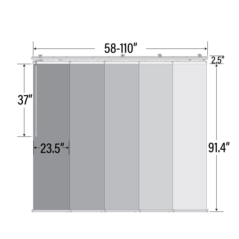 Rail simple extensible à 5 panneaux brisés l 58 po à 110 po x H 94 po, largeur de panneau 23,5 po, Nickel satiné