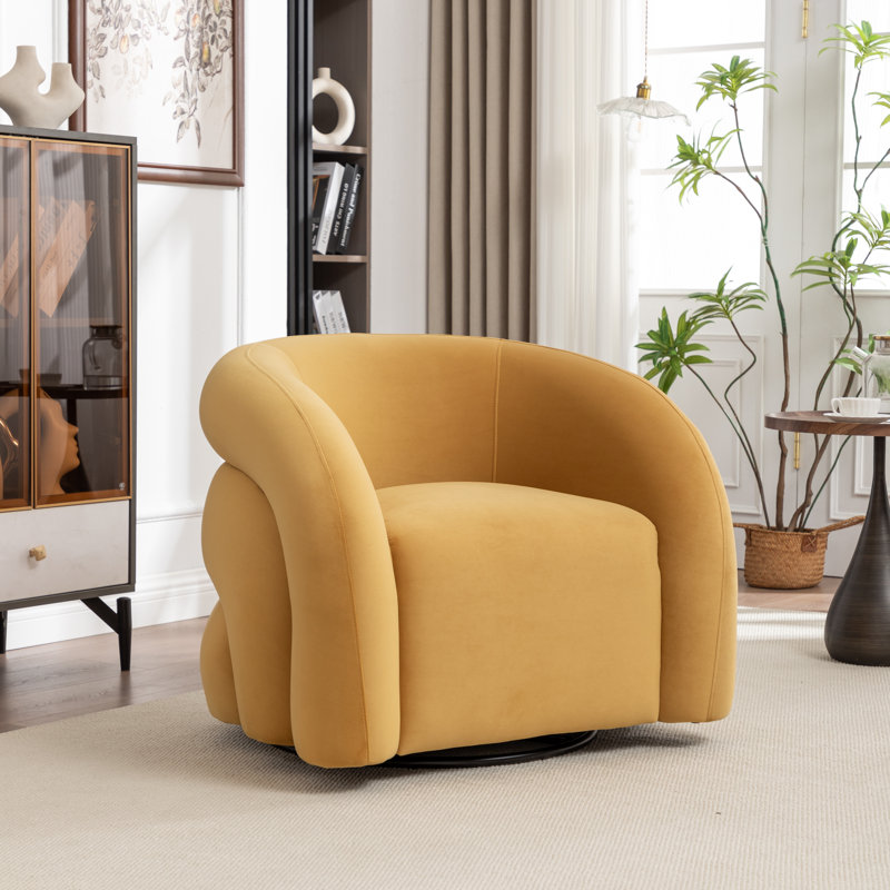 Fauteuil demi-tonneau pivotant rembourré Coyle, Velours jaune, 1