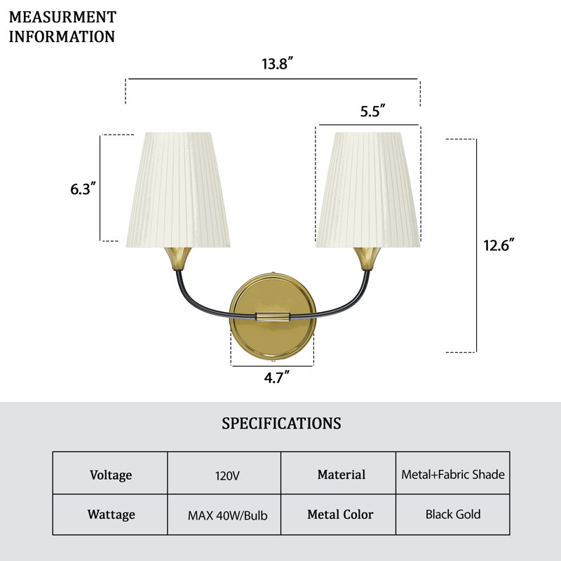 Éclairage pour meuble-lavabo moderne à 2 lumières avec abat-jour en tissu ETL, 12.6" H x 18" W x 7.09" D
