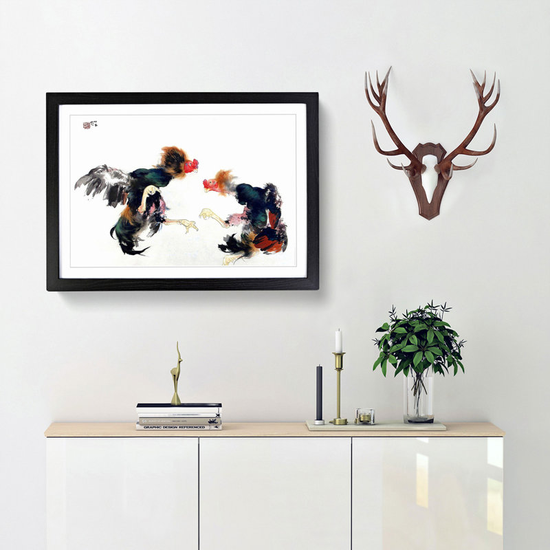 Fighting Cocks by Takeuchi Seiho - Picture Frame Art Print, 48cm H x 65cm W x 2cm D, Black Framed