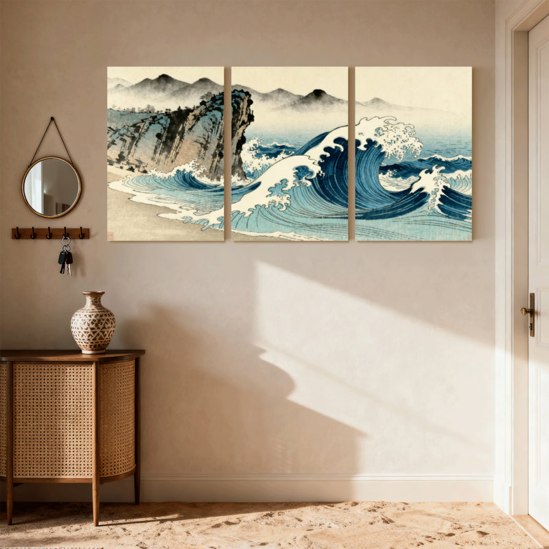 Nautical & Beach Wave Mountains Sea Sky Cliff Water Foam Blue Set of 3 Canvas Wall Art Prints, 18" H x 36" W