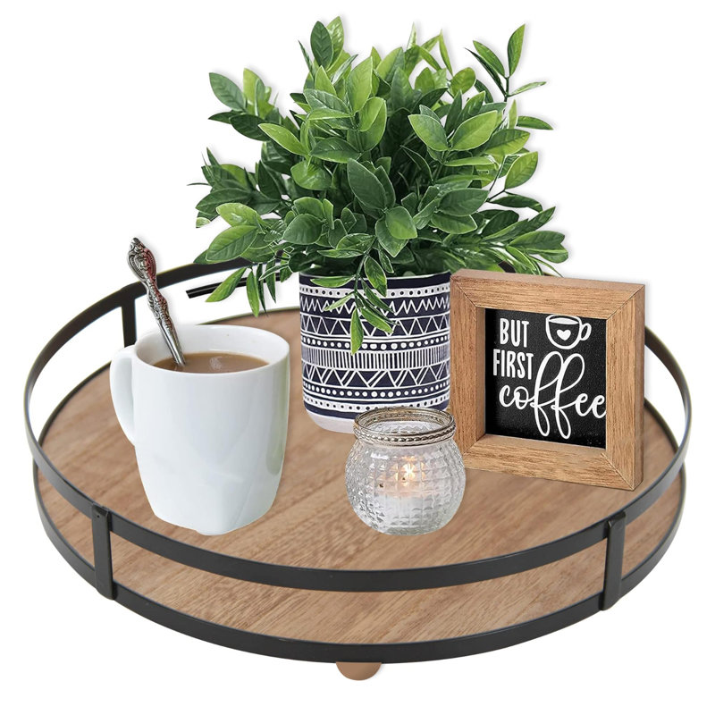Plateau de service décoratif rond avec poignée en métal, Brun