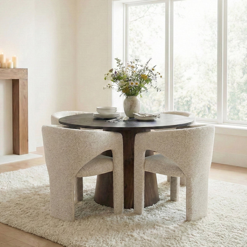 Ensemble de salle à manger 5 pièces avec table à piédestal moderne 46 po et chaises demi-tonneau rembourrées, Brun