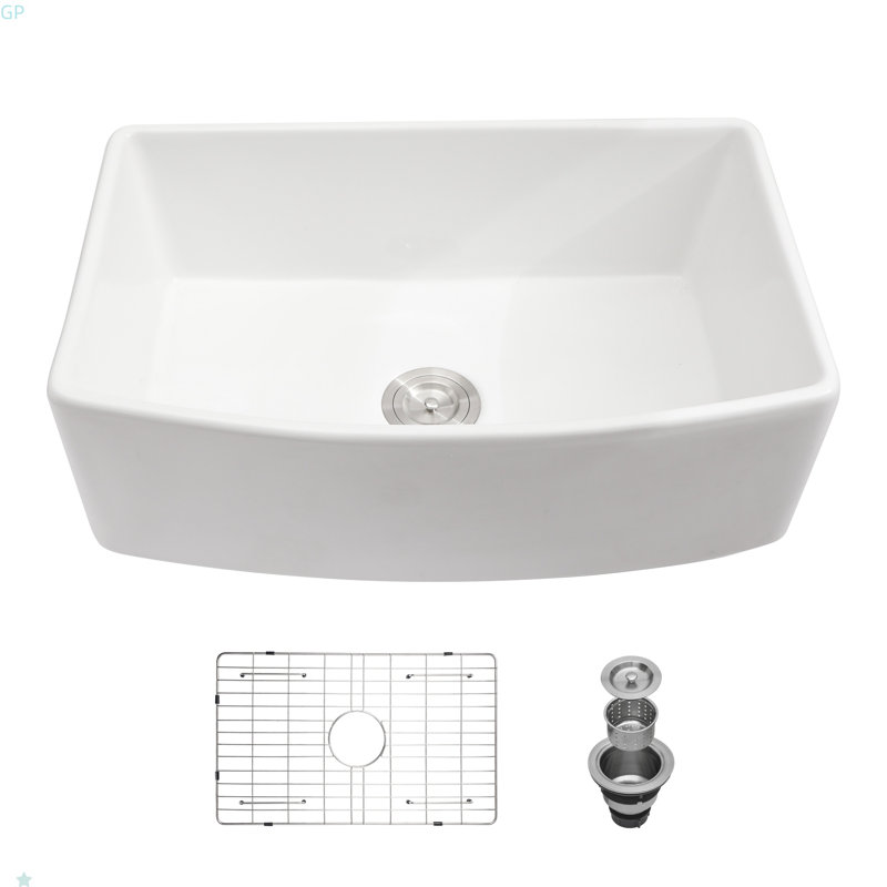 White Farmhouse Sink - 33 Inch White Kitchen Sink Ceramic Arch Edge Apron Front Single Bowl Farm Kitchen Sinks