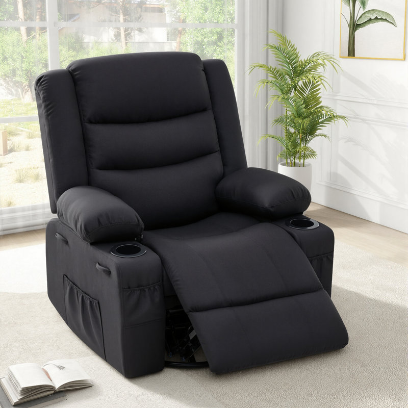 Extendable Armrest Swivel Glider Chair, 360° Rotation Rocking Chair With Cup Holders & Side Pockets, Black Polyester