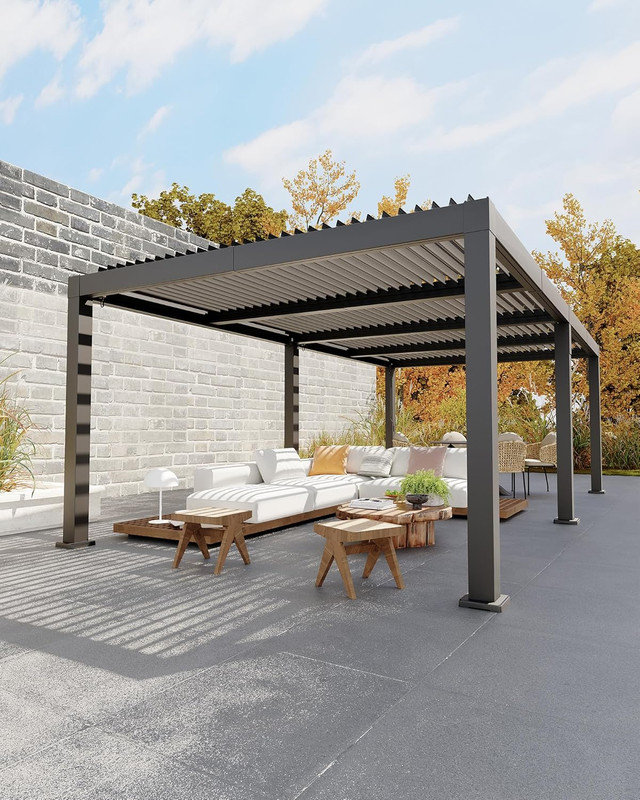 All-Aluminum Louvered Pergola with Adjustable Roof & Drainage System for Patio & Deck, 89" H x 278" W x 143" D