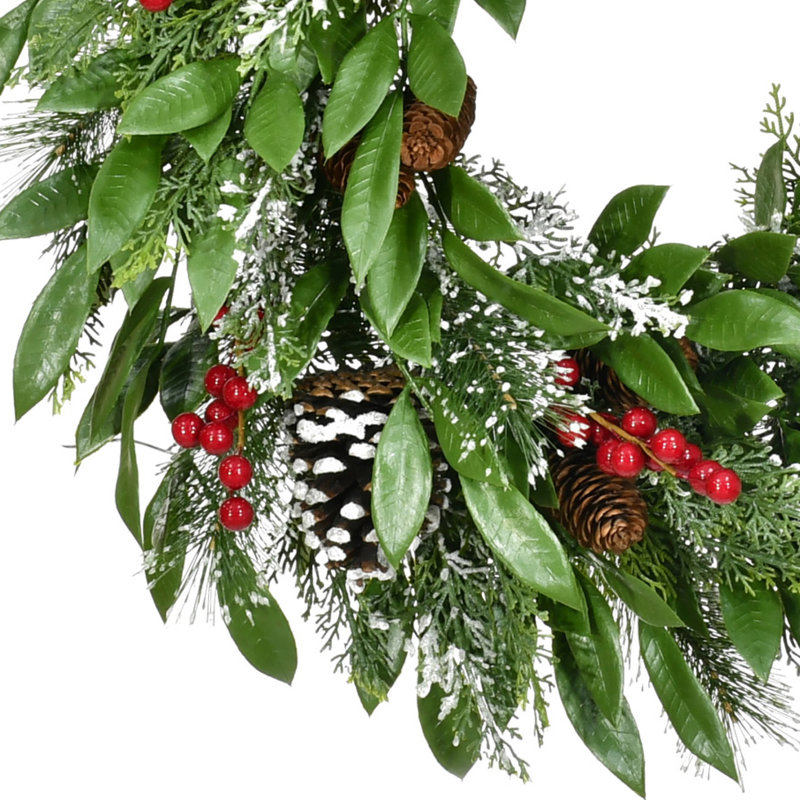 Fraser Hill Farm 25-In. Mixed Leaf Wreath Door or Wall Hanging with Pinecones and Berries