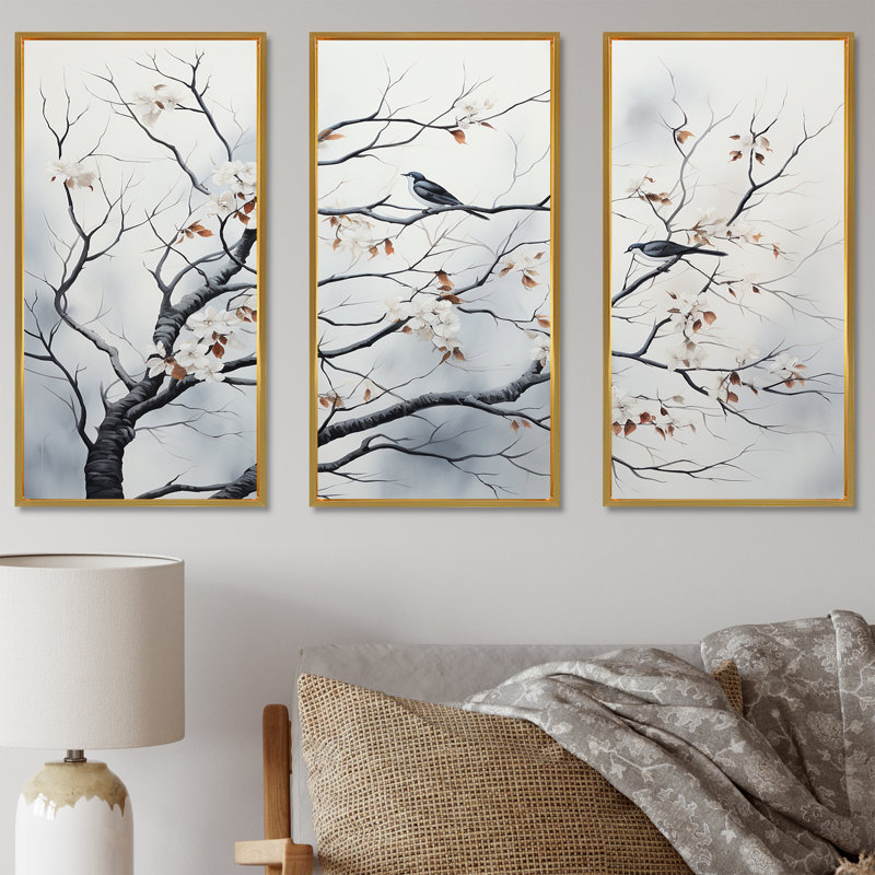Gris gris, printemps, arbres, oiseaux, art mural, Cadre flottant doré, H 28 po x l 36 po x P 1 po