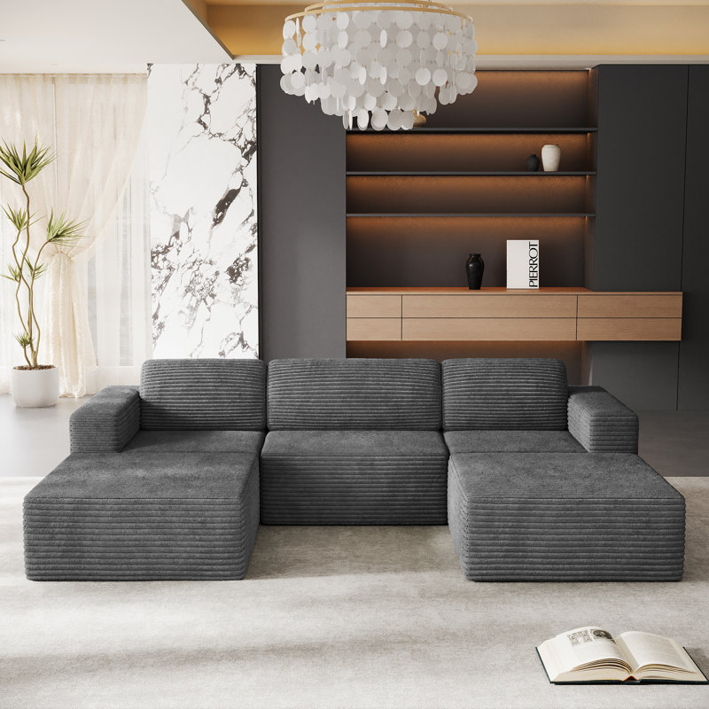 Modular Corduroy 303cm 3-seater Sofa With 2 Ottomans, No Assembly Required, With High Rebound Sponge, Grey