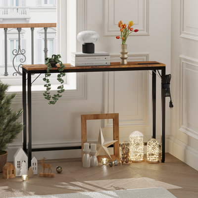 Console étroite avec station de charge - Table de canapé mince avec prises de courant et ports USB - Table d'appoint d'entrée avec tablette de rangement pour le salon, le couloir, la chambre à coucher - Vintage 