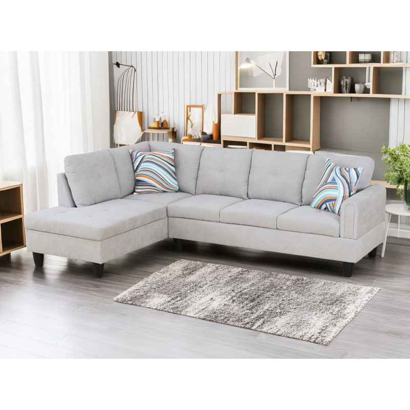 Upholstered L-Shaped Sectional Left Hand Facing, Left Hand Facing, Gray White Cotton Blend