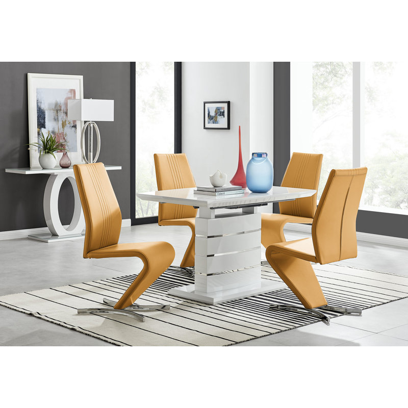 Everson High Gloss 4 Seat Extendable Dining Set with Luxury Faux Leather Upholstered Dining Chairs, Mustard Yellow