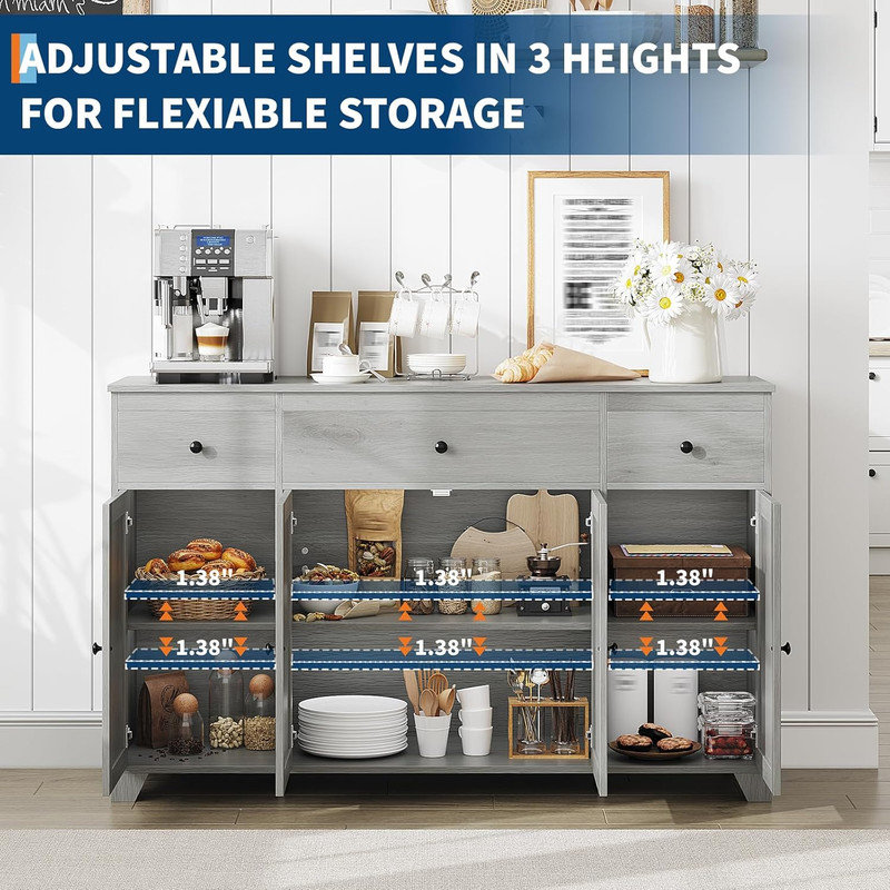 55" Minimalist Buffet Cabinet with Adjustable Shelves & Drawers, Multi-Functional Storage Sideboard for Kitchen/Dining Room