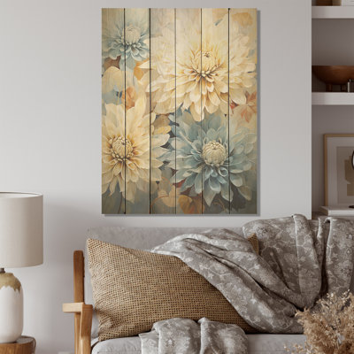 Élégance parfumée «White and Blue Mums» - Art sur bois de pin naturel