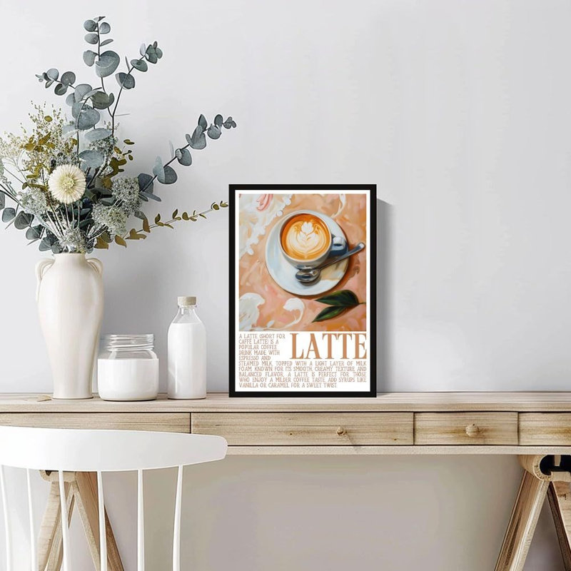 Art mural encadré noir 24 po x 36 po, reproduction de café au lait, décoration murale de cuisine, œuvre d'art de café prêt à accrocher