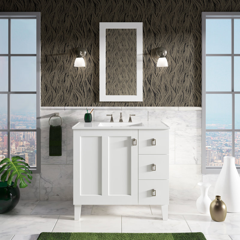 Poplin® 36 In. Vanity with Furniture Legs, 1 Door and 3 Drawers on Right, Linen White