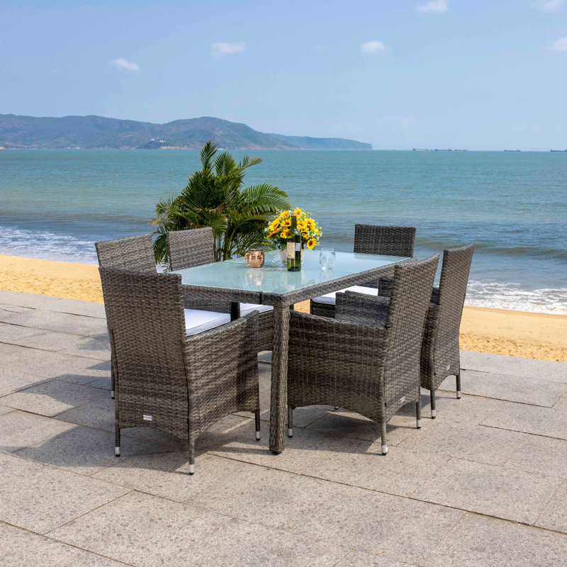 Daxin 6 - Person Patio Dining Set with Rectangular Table, Gray Brown Frame/White Cushion