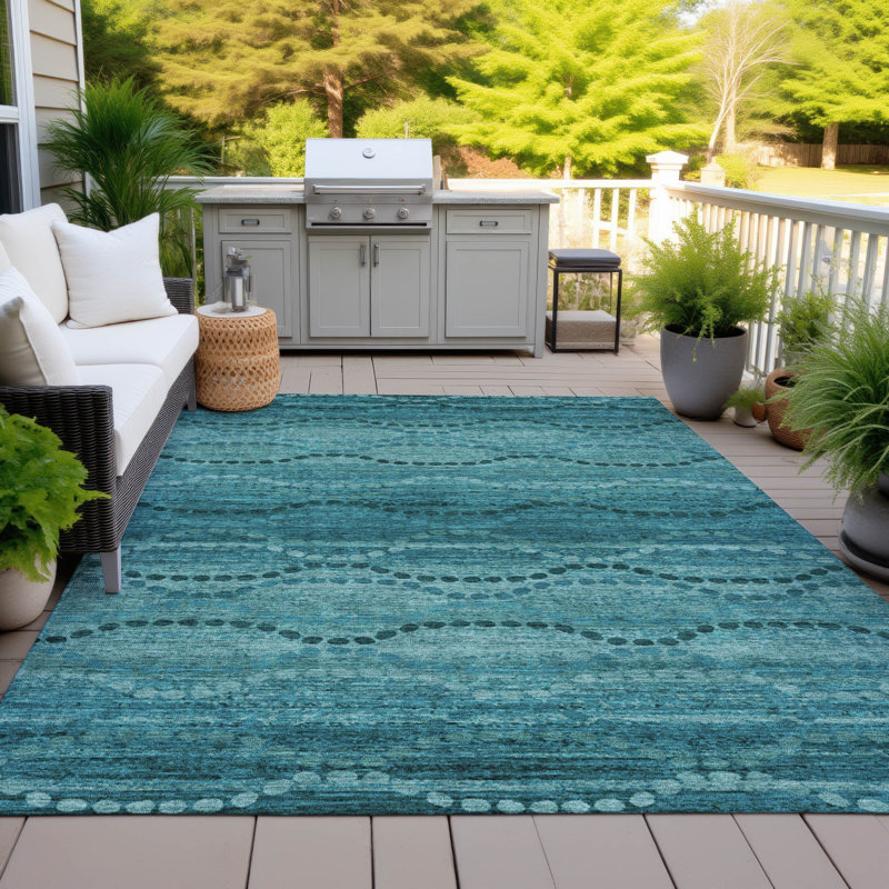 Machine Washable Indoor/Outdoor Xhevrie Turquoise Rug, Rectangle 10' x 14'