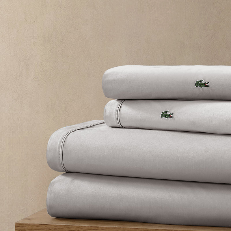 Lacoste Cotton Percale Sheet Set, Crisp Feel & Breathable Bedding, Deep Pocket Fitted Sheet, Sleet, Cal King, Sleet